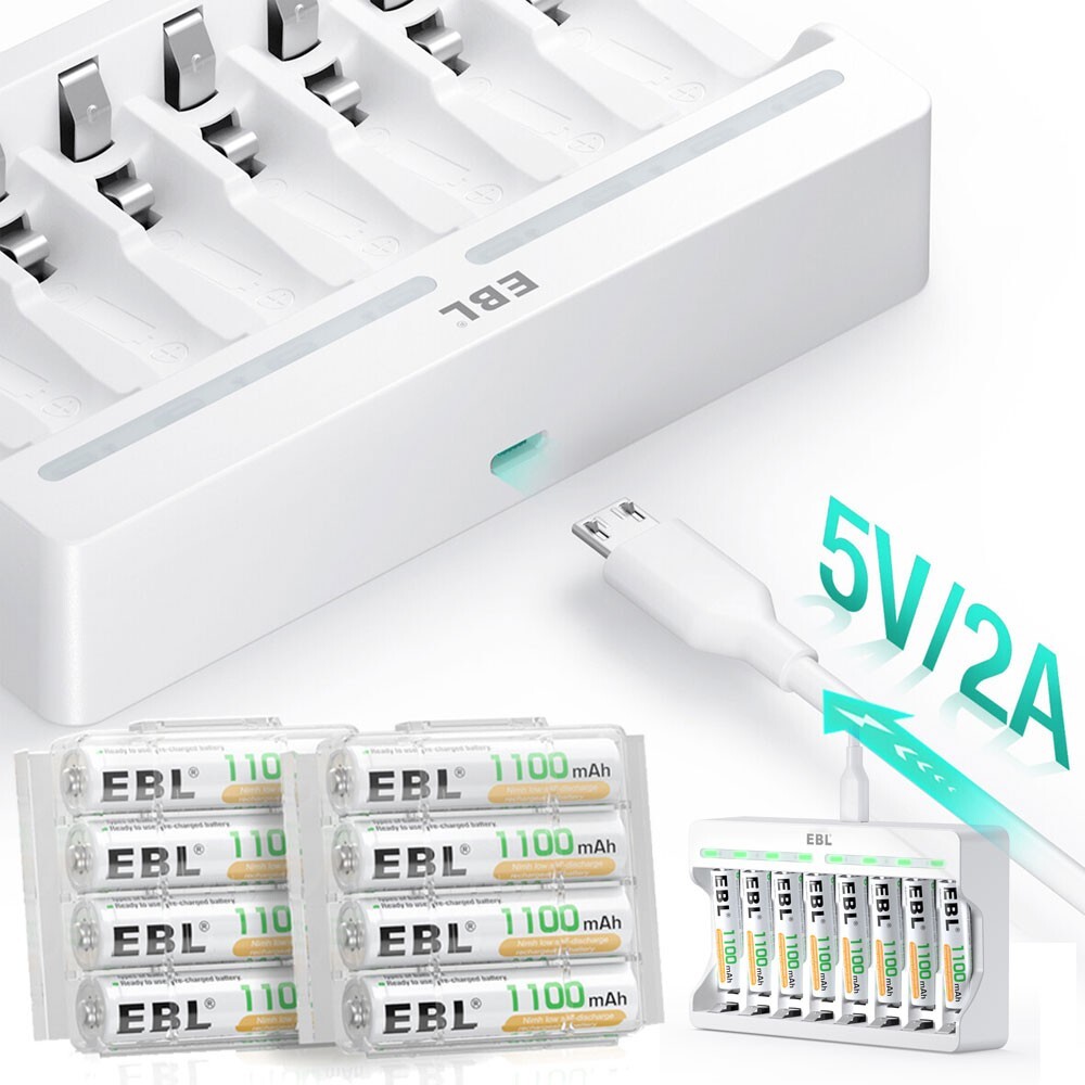 EBL 1100mAh AAA Rechargeable Batteries 8-Pack with 8-Slot AA AAA Charger-image
