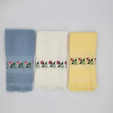 Vintage Needlepoint Decorative Terry Cloth Hand Towels - Rose Pattern, Qty. 3