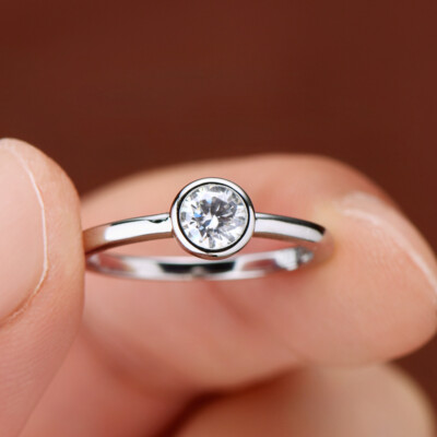 0.5ct Moissanite Bezel Solitaire 925 Sterling Silver Engagement Ring 3-12 S093