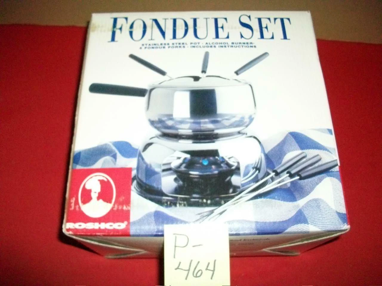 ROSHCO STAINLESS STEEL FONDUE SET INCLUDES POT, BURNER, 6 FONDUE FORKS & INSTR.