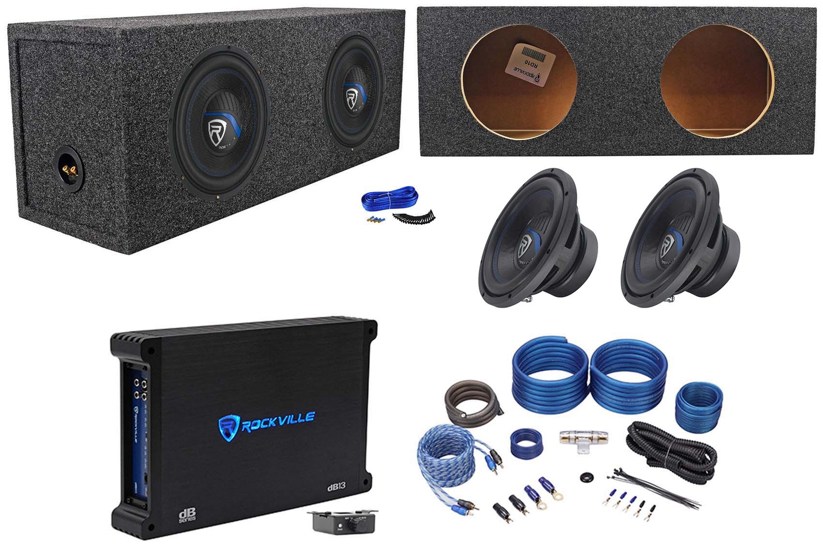 2 Rockville K5 W10K5S4 10 сабвуферов мощностью 1200 Вт Герметичный сабвуфер Моноусилитель Провода 49690₽