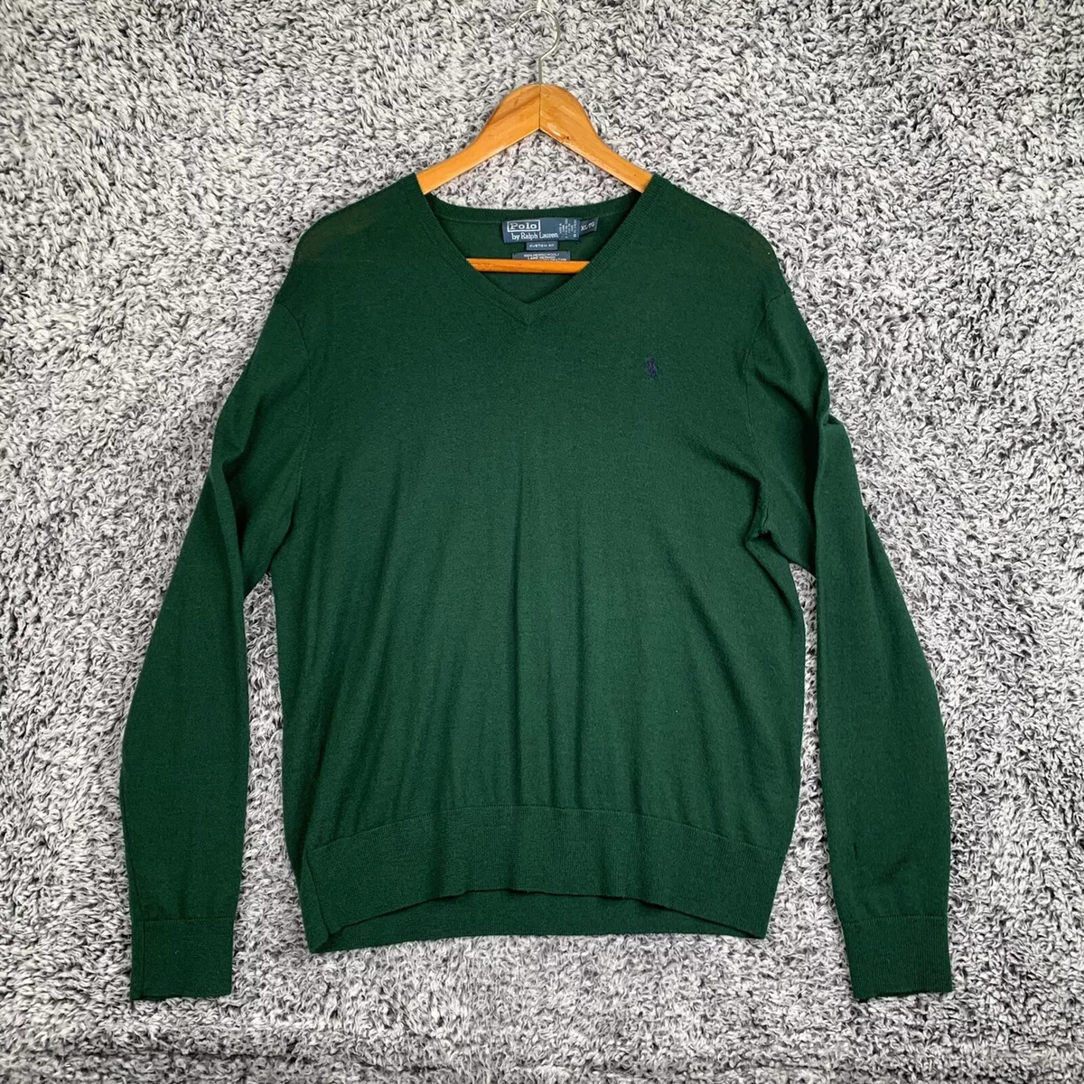 Vintage Polo Ralph Lauren Sweater Men s XL Green Custom Fit Merino Wool Damaged