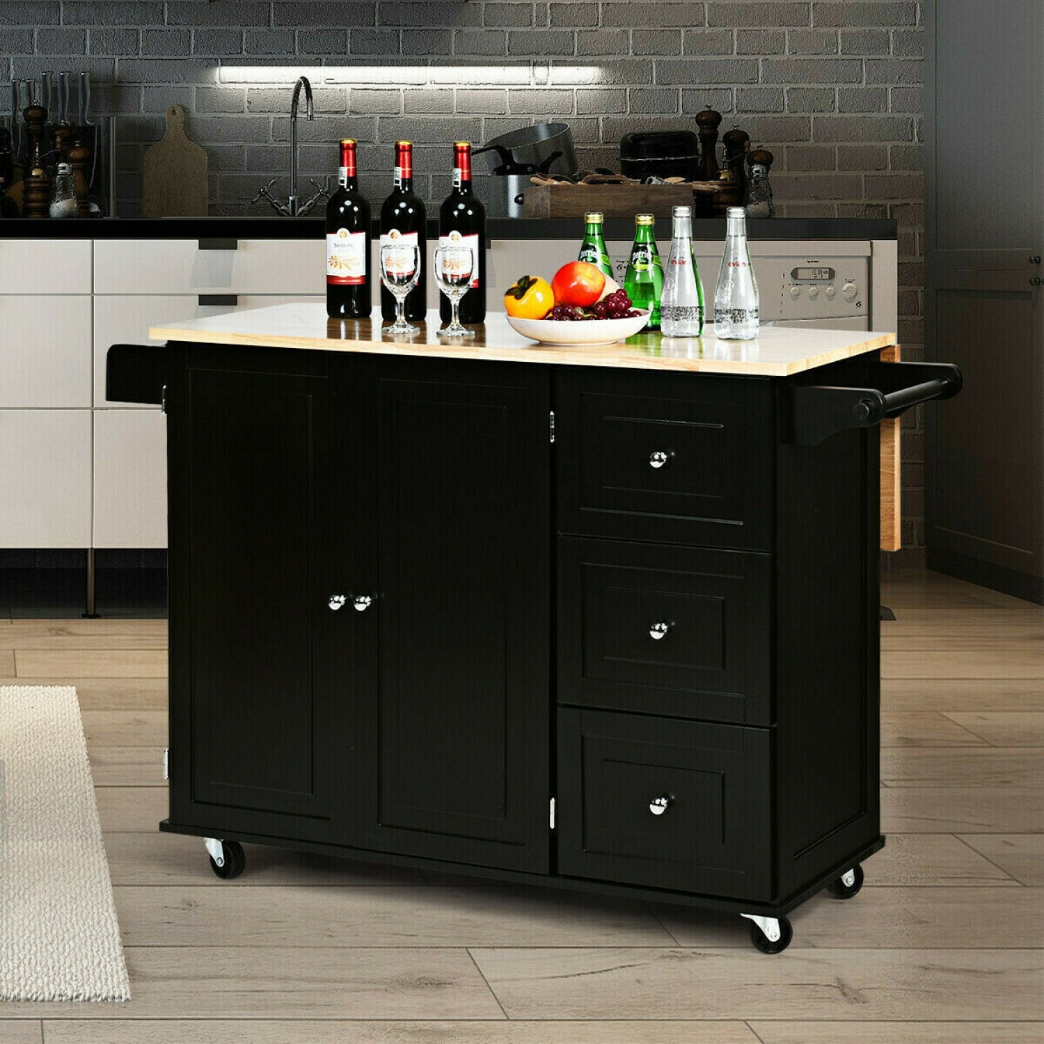 Modern Kitchen Island Drop Leaf Countertop Wood Storage Cabinet