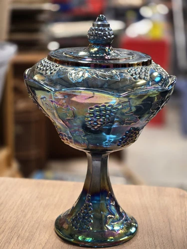 Vintage 9.5” W Lid Indiana Blue Carnival Glass Compote Pedestal Harvest Grape