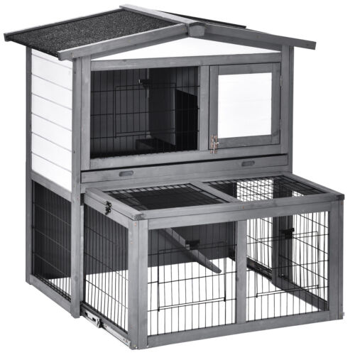2 Tier Wooden Rabbit Hutch Slide Out Tray Openable Roof 101.5 x 90 x 100 cm