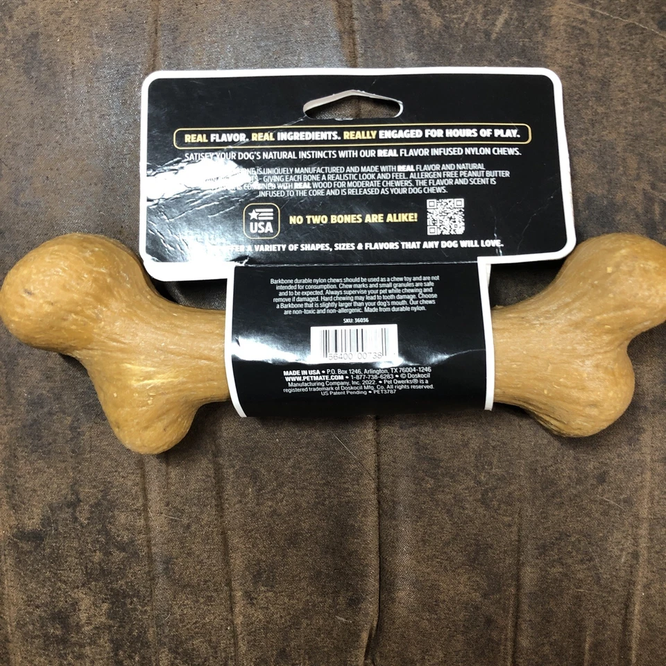Hueso de corteza de dinosaurio Pet Qwerks - Hueso de perro de madera para masticadores moderados - Bu de maní... Foto 2 de 2