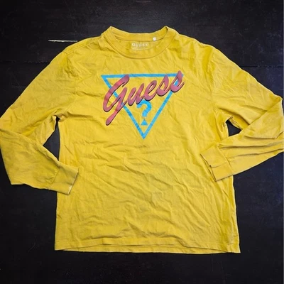 Guess Los Angeles Mens Medium Yellow Long Sleeve Graphic Triangle Logo T-Shirt - Image 1 of 3