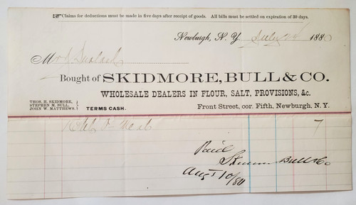 1880 Invoice, Skidmore, Bull & Co., Flour, Salt, Provisions, Newburgh, NY