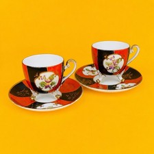 Vintage UCACGO Mini Tea Cups & Saucers Set of 2 Violets Gold Trim Red Black
