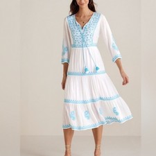 Soft Surroundings Juniper Dress XS White Blue Embroidered Cotton Boho NWT