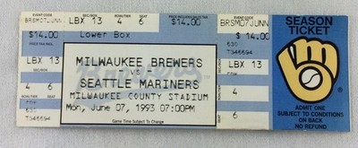 MLB 1993 06/07 Seattle Mariners at Milwaukee Brewers FULL Ticket-Cal Eldred WP