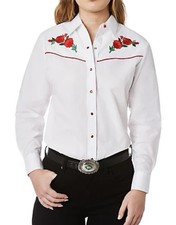 Beautiful ELY CATTLEMAN M Rose Embroidery Western Long Sleeve Red Pearl Snaps