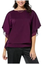 Nina Leonard Women's Double Layer Hi-Low Kimono Top Black Plum