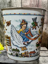 Vtg Mother Goose JL Clark Nursery Rhymes Metal Tin Trash Can Waste Basket 13"