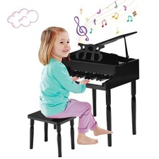 2 PCS 30-Key Baby Piano   Stool Set Toddler Kids Toy Wood w/ Music Rack Black