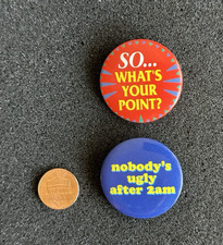 Lot of 2 Vintage Funny Pinback Buttons – Humor Sarcastic Joke Badge Collection