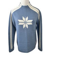 Vtg Nordic Ski Sweater Women's Large Blue Wool Snowflake Fair Isle Pullover
