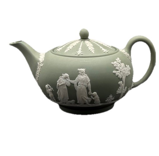 SUPERB WEDGWOOD CELADON GREEN JASPER WARE TEA POT TEAPOT, EXCELLENT CONDITION