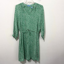 Draper James V Neck Smocked Sleeve Dress S Green Floral Party Rayon Belt Summer