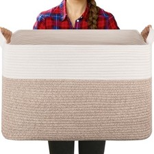 Extra Large Laundry Basket, 95L Blanket Basket 24"x16.9"x14.2" Brown  White