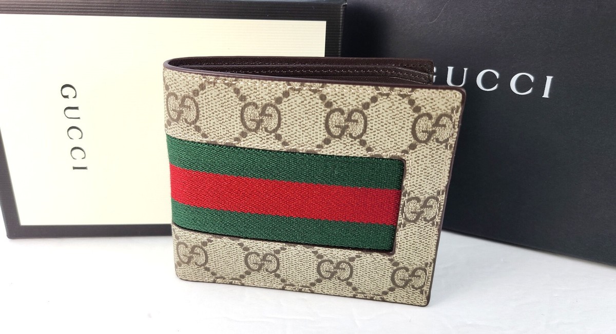 NWT Authentic Gucci Mens Web Beige/ebony GG Supreme canvas Bi fold 