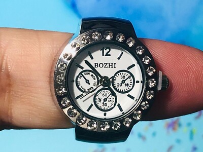 Ring Watch - Silver Tone Ring with Rhinestones Around Face - Quartz Movement NEW