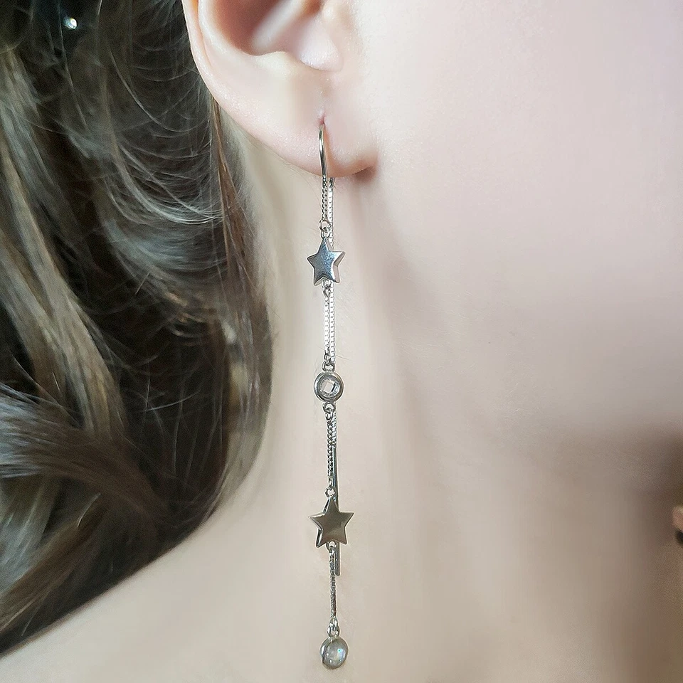 925 Sterling Silver thread Earring and Fashion Zircon Design White Gold Finish - Image 2 of 4