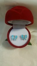 Kids Earrings - 925 Sterling Silver with a blue tone Enamel bow