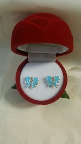 Kids Earrings - 925 Sterling Silver with a blue tone Enamel bow - Afbeelding 1 van 3