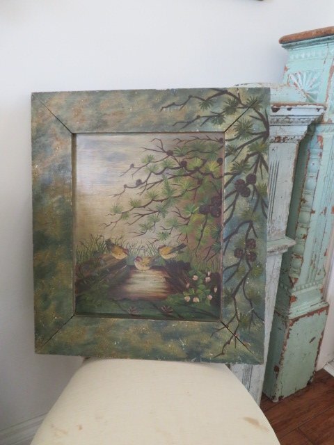 GORGEOUS Old Antique OIL PAINTING 3 BIRDS Flowers Trees & Painted FRAME