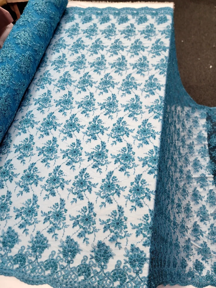 Turquoise Hand Beaded Lace Fabric Sold by the Yard Floral Flowers Embroidered - Image 4 of 4