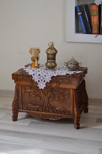 Tree of Life Wooden Chest Toy Storage Box Trunk Table Hand Carved Walnut Wood - Picture 9 of 13