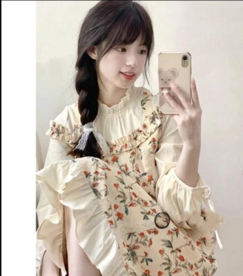 Japanese women Preppy style Mori girl long sleeved loose floral bow dress studen