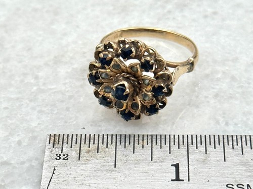 Antique Victorian Blue Sapphire cluster 14k Yellow Gold Ring Sz 7 - Picture 3 of 3