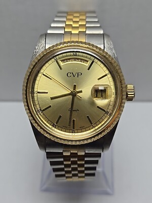 CVP Presidential Quartz Watch Mens Two Tone Fluted Bezel Day Date New Battery