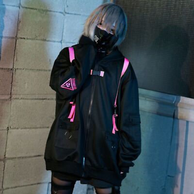 Cyberpunk Cat ears black & bright pink punk emo zip up hoodie