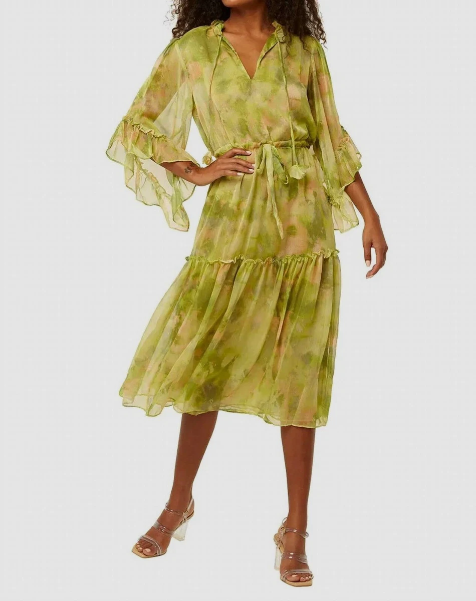 390 MISA Los Angeles Women s Green Marcele Ruffle Chiffon MIDI Dress Size S