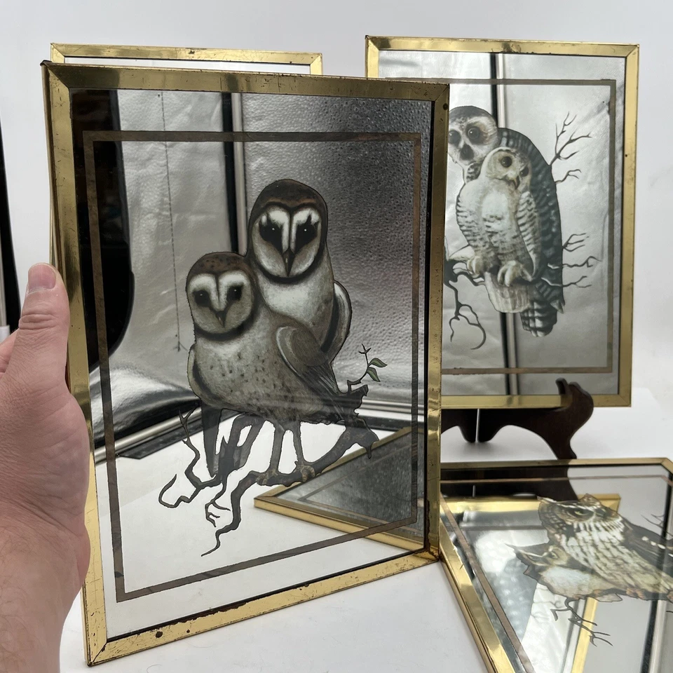 Juego de 4 espejos retro vintage MCM Art Mid Century imagen búho enmarcados 11" x 8" mod Foto 2 de 4