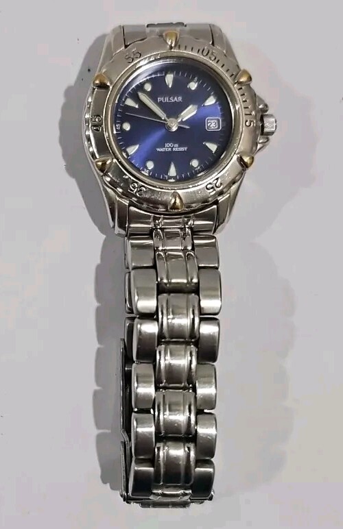 PULSAR DIVE WATCH SILVER TONE W/ COBALT BLUE DIAL VX82-X215 NEW