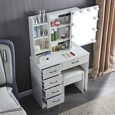 White Vanity Dressing Table Set With Led Lighted Mirror Stool 6 Drawers Bedroom