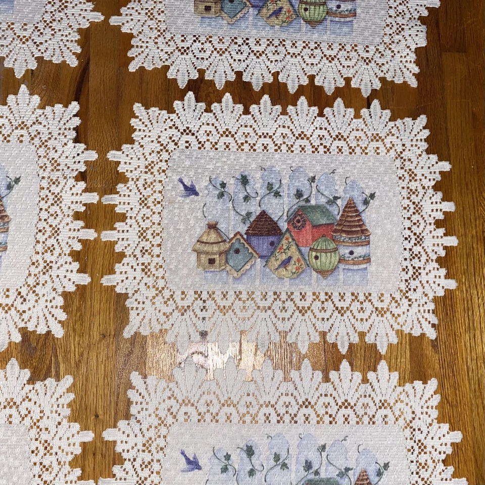Vintage SET of 6 BIRDHOUSE LACE BORDER Doilies Bluebird & Ivy on Fence - Image 2 of 4