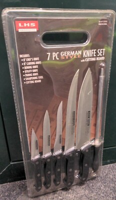 Complete New! 7 Piece German Style Knife Set with Cutting Board LHS Products 