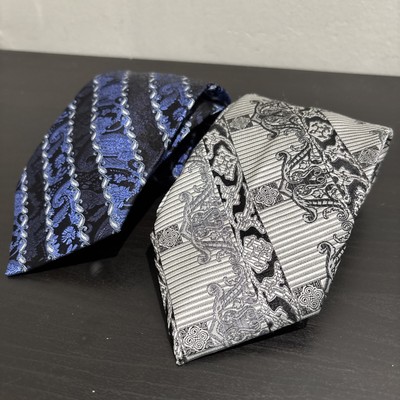 Bruno Piattelli Neck Tie All Silk Paisley Vintage Lot Of 2 Blue Silver Black