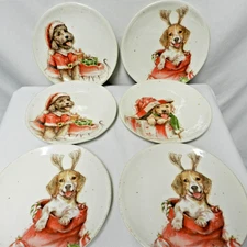 Southern Living Claus puppy dog Salad Starter Plate Set 6 assorted Christmas