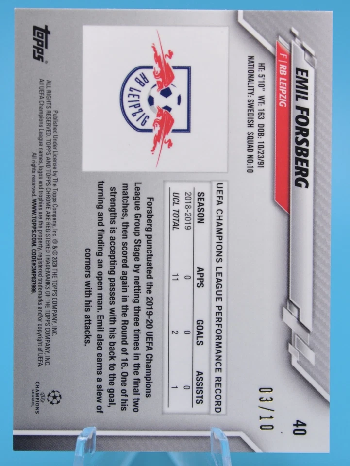 2019-20 Topps Chrome Emil Forsberg True Red Refractor /10 #40 Color Match - Image 2 of 2