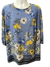 I N Studio Blouse Women’s 2XBlue Yellow Floral Stretch 3/4 Sleeve Tunic Stretch