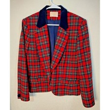Pendleton Vintage Red Tartan Plaid Wool Blazer Navy Velvet Collar USA Womens