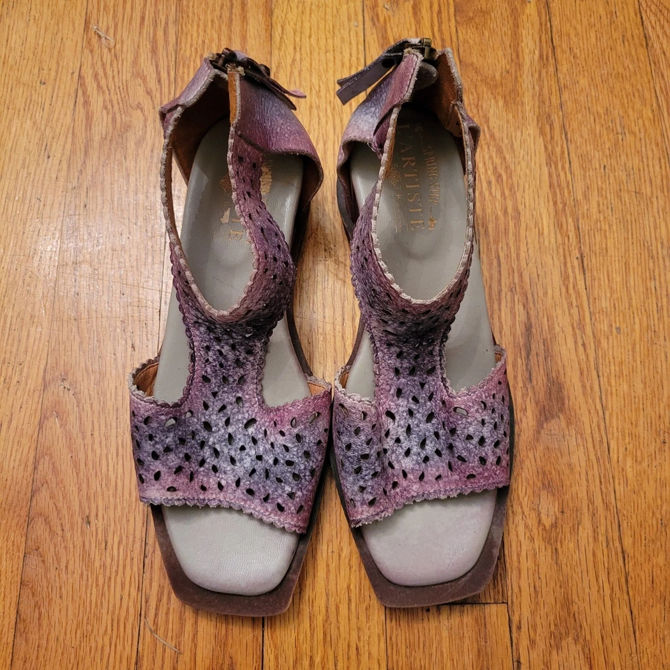 Spring Step L'Artiste Purple Leather Cutout Ankle Strap Wedge Sandals Watercolor - Image 2 of 4
