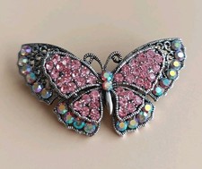 Silver Tone Butterfly Brooch Pink & Iridescent Aurora Boralis Rhinestones  6cm