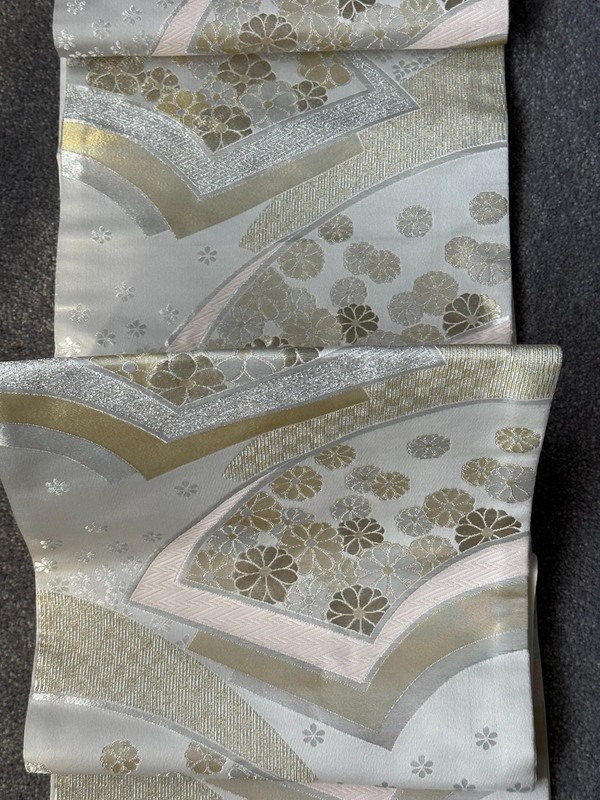 Luxury Japanese Kimono Fabric Fukuro Obi, Chrysanthemum pattern Rokkaku pattern 